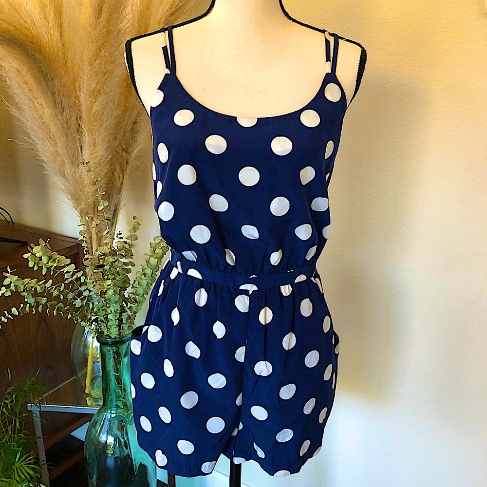 Blue & White Polka Dot Sleeveless Romper - Size L